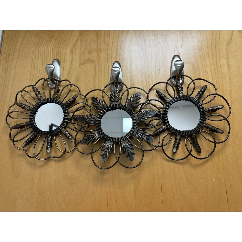 Lot of 3 Vintage Metal Flower Shaped Hanging Mirrors with Leaves Home Decor